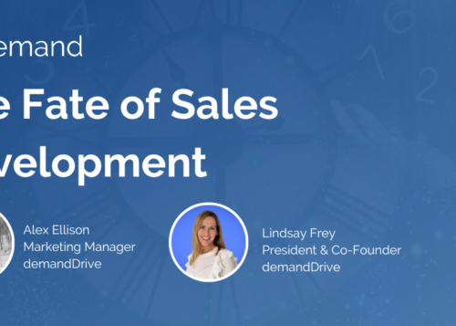 "Webinar banner for 'The Fate of Sales Development' featuring Alex Ellison and Lindsay Frey from demandDrive."