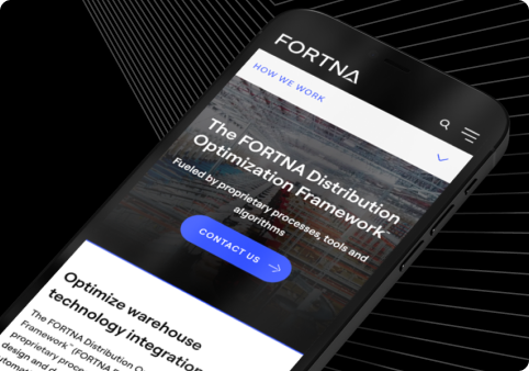 Alt tag: "Smartphone displaying the Fortna Distribution Optimization Framework webpage with contact button."