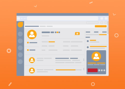 "Illustration of a user dashboard on an orange background showing profile icons and activity details."