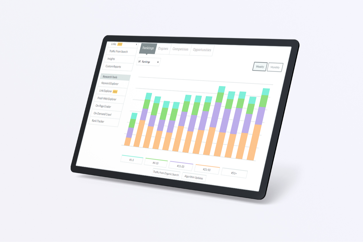 Tablet displaying colorful bar graph and analytical dashboard screen showing data insights and search rankings