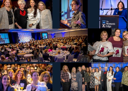 Group of women at conference, speaker at podium, large audience, and women holding books at event