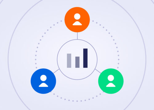 Three connected circles with user icons and a central bar chart, representing teamwork or network collaboration.