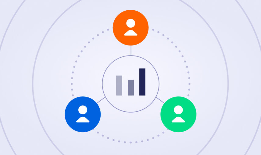 Three connected circles with user icons and a central bar chart, representing teamwork or network collaboration.